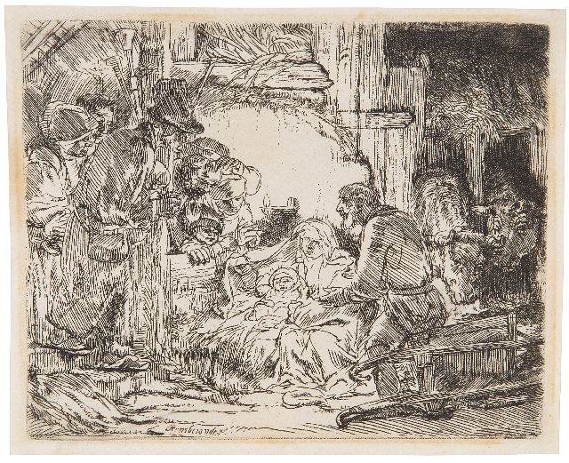 Rembrandt | The adoration of the shepherds, ets, 11,0 x 13,4 cm, gesigneerd l. v.h. m.