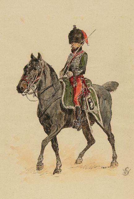 Willem Constantijn Staring | Dragonder te paard, inkt en aquarel op papier, 33,5 x 21,0 cm, gedateerd 1 April 1906 (in potlood)