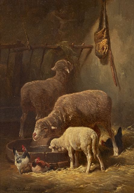 Frans de Beul | Schapen in de stal  (alleen tezamen), olieverf op paneel, 34,3 x 23,2 cm, gesigneerd l.o. en gedateerd 1883