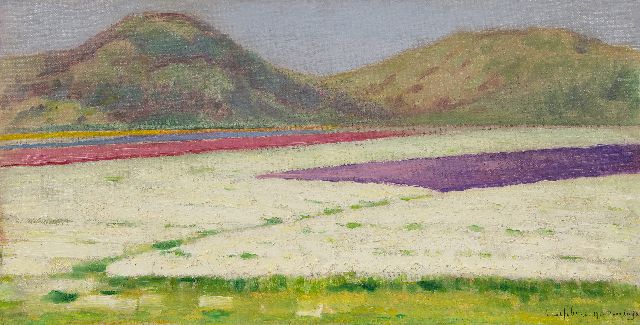 Albert Lefebvre | Bollenvelden bij Noordwijk, olieverf op doek, 32,7 x 62,3 cm, gesigneerd r.o. en gedateerd 1918