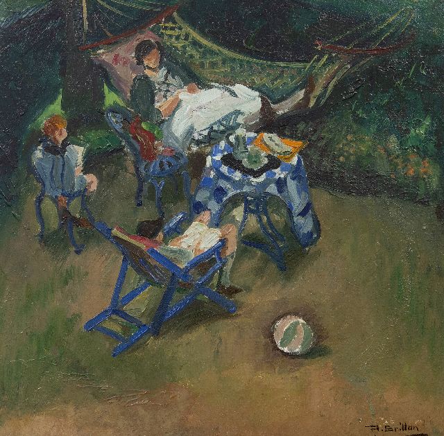 Grillon R.M.  | Het gezin van de schilder in de tuin, olieverf op board 40,8 x 41,0 cm, gesigneerd r.o. en te dateren ca. 1900
