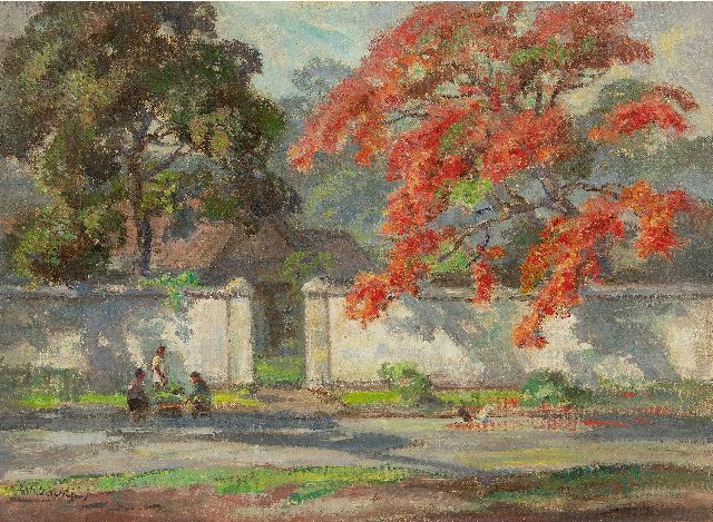 Ernest Dezentjé | Tuinmuur met bloeiende flamboyant, olieverf op doek, 40,3 x 55,1 cm, gesigneerd l.o.