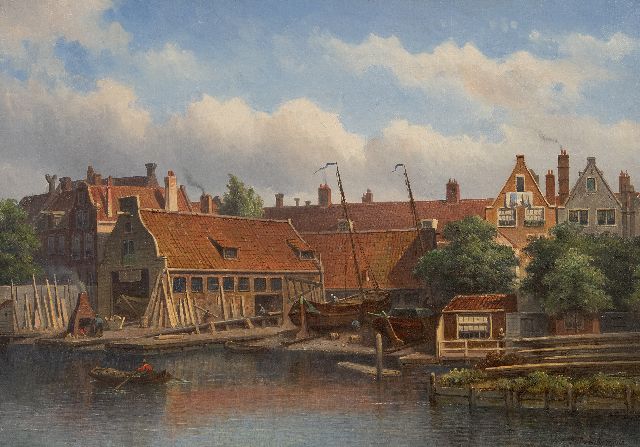 Hilverdink E.A.  | Scheepswerf 'Het Jagt' aan de Looijerssloot in Amsterdam, olieverf op doek 35,0 x 50,2 cm, gesigneerd r.o.