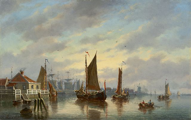 Johannes Hilverdink | Zeilschepen bij een stadshaven, olieverf op paneel, 39,3 x 61,5 cm, gesigneerd l.o.