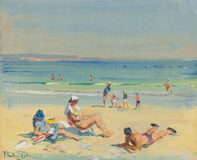 Léon Pringels | Een zomerse stranddag, olieverf op paneel, 21,9 x 26,8 cm, gesigneerd l.o.