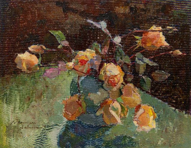 Groningen-Laurillard J.A.G. van | Bloemstilleven van gele rozen, olieverf op doek op paneel 39,7 x 49,9 cm, gesigneerd l.o.