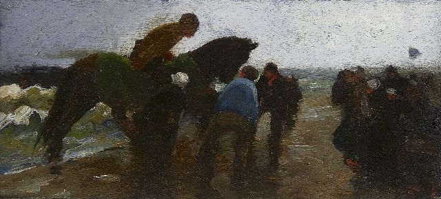 Willem de Zwart | In de storm op het strand, olieverf op paneel, 11,8 x 26,5 cm, gesigneerd r.o. en te dateren 1893-1894
