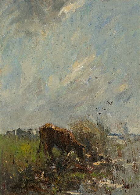 Willem Maris | Grazende koeien bij het water, olieverf op paneel, 38,0 x 27,2 cm, gesigneerd l.o.