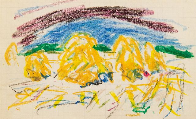 Jan Altink | Landschap met hooioppers, krijt op papier, 10,5 x 16,5 cm, gesigneerd r.o. met initialen en verkocht
