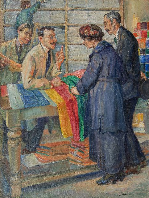 Emile Thysebaert | In de stoffenwinkel, olieverf op doek, 109,2 x 83,0 cm, gesigneerd r.o. en gedateerd 1903