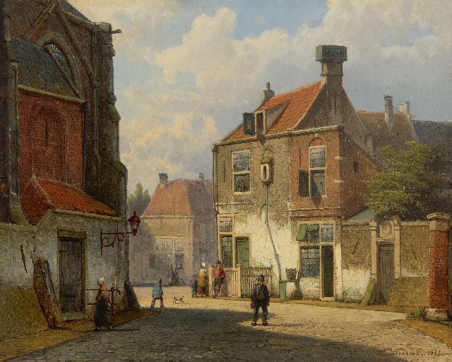 Willem Koekkoek | Zonnig dorpsstraatje met figuren, olieverf op paneel, 28,7 x 35,7 cm, gesigneerd r.o. en gedateerd 1861