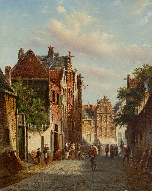 Johannes Franciscus Spohler | Bedrijvigheid in een zonovergoten straat, olieverf op doek, 44,3 x 35,3 cm, gesigneerd r.o.