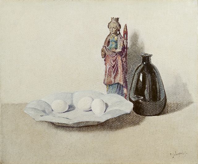 Evert Jan Ligtelijn | Stilleven met eieren, beeld en vaasje, olieverf op doek, 50,2 x 60,0 cm, gesigneerd r.o.