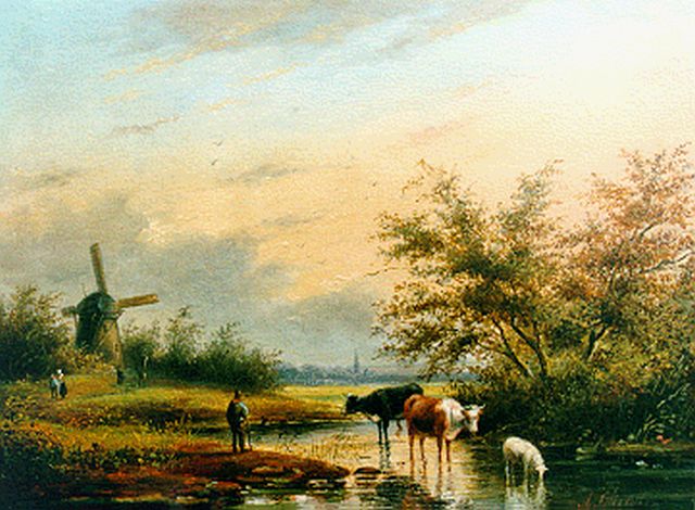 George Henry Hendriks | Zomers rivierlandschap met wadende koeien, olieverf op paneel, 22,0 x 29,7 cm, gesigneerd r.o. met A. Christ en te dateren ca. 1858