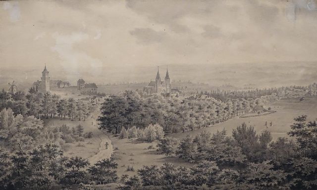 Onbekend | Panoramisch gezicht op de Duitse stad Kleef met de Zwanenburcht en de Stiftskirche, inkt op papier, 23,0 x 28,0 cm