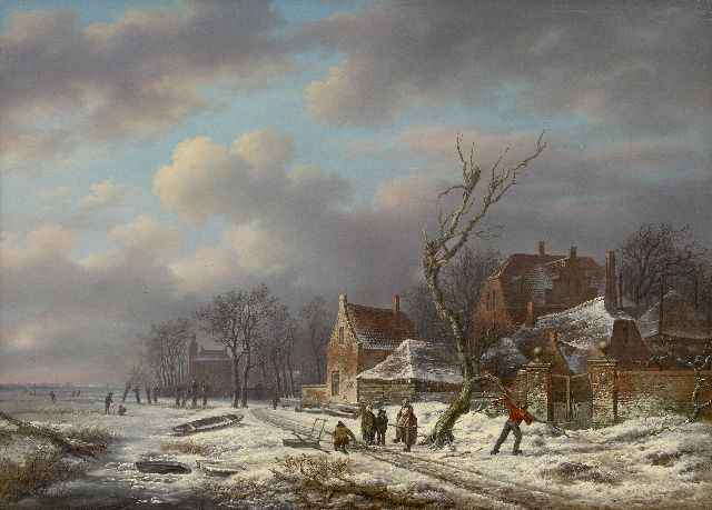 Andreas Schelfhout | Winterlandschap met houtsprokkelaars (pendant van Zomerlandschap), olieverf op paneel, 53,0 x 72,6 cm, gesigneerd r.o. (met resten) en te dateren ca. 1815