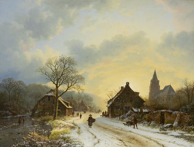 Barend Cornelis Koekkoek | Nederrijns winterlandschap met kerkje, geïnspireerd op de dorpskerk te Aerdt, olieverf op doek, 39,7 x 52,4 cm, gesigneerd l.o. en gedateerd 1837  VERKOCHT