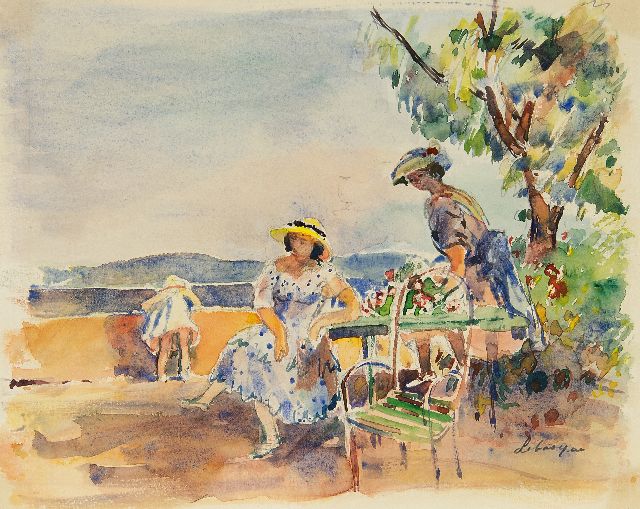 Lebasque H.  | Op het terras, aquarel op papier 23,0 x 28,0 cm, gesigneerd r.o.
