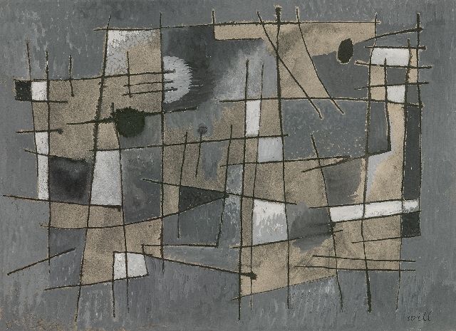 Will Leewens | Abstracte compositie, pen en gouache op papier, 18,0 x 25,0 cm, gesigneerd r.o.
