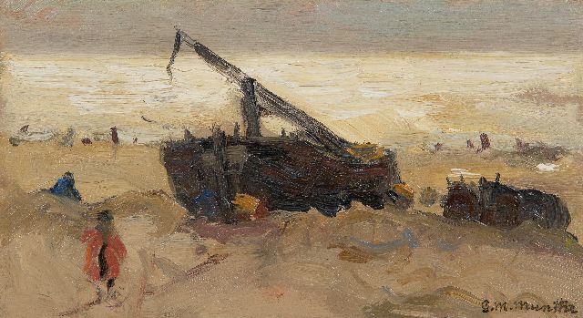 Morgenstjerne Munthe | Bomschuit op het strand, olieverf op paneel, 12,4 x 22,4 cm, gesigneerd r.o.