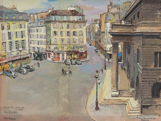 Pol Dom | Place de l'Odéon met Théâtre de l'Odéon in Parijs, aquarel en inkt op papier, 27,8 x 35,9 cm, gesigneerd l.o. (tweemaal)