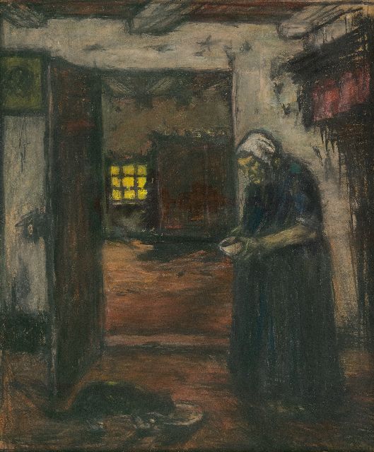 Suze Robertson | Melk voor de poes, pastel op papier, 55,4 x 45,4 cm, gesigneerd r.o.