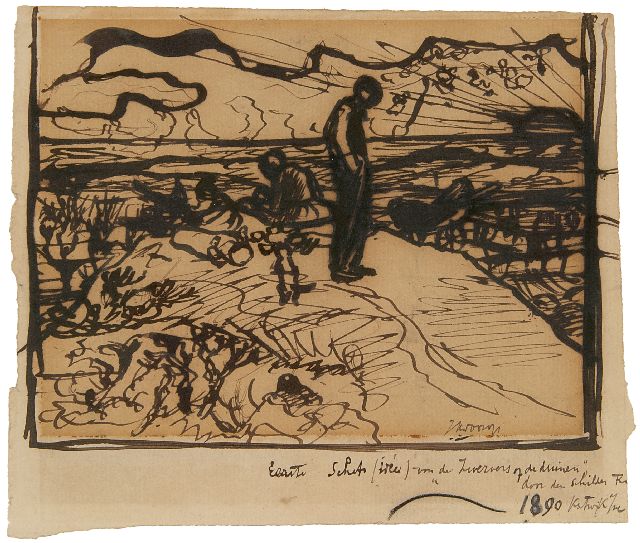 Jan Toorop | Zwervers op de duinen, pen en inkt op papier, 12,1 x 14,4 cm, gesigneerd r.o. en gedateerd m.o. 1890