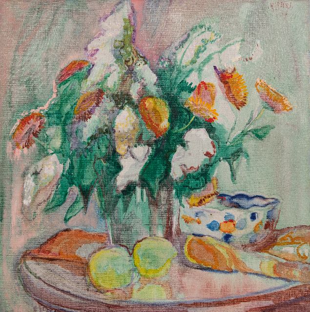 George Martens | Bloemstilleven met citroenen, benzinerel en wasverf op doek, 50,3 x 50,3 cm, gesigneerd r.b.