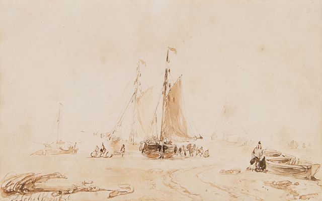 Andreas Schelfhout | Vissers en bomschuiten op het strand, sepia op papier, 9,0 x 14,0 cm, gesigneerd l.o.