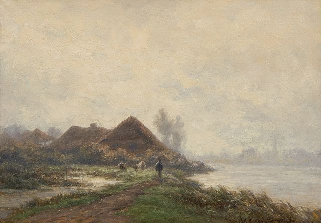 Everdingen A. van | Langs de rivier, olieverf op paneel 17,0 x 24,4 cm, gesigneerd r.o.