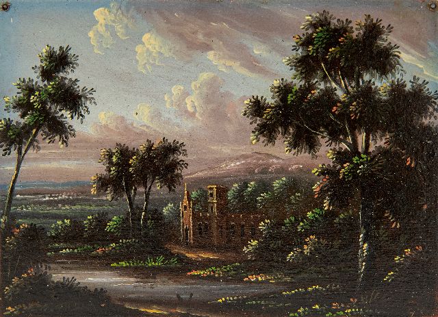 Europese School, 18e eeuw | Italianiserend landschap, olieverf op koper, 7,0 x 9,0 cm