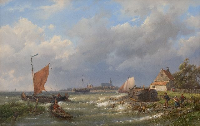Hermanus Koekkoek | Een stevige bries aan Hollandse kust met dorp in het verschiet, olieverf op doek, 37,0 x 57,7 cm, gesigneerd l.o.