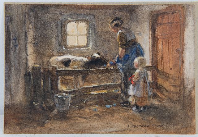 Jan Zoetelief Tromp | Het kalfje voeren, aquarel op papier, 15,5 x 22,9 cm, gesigneerd r.o.