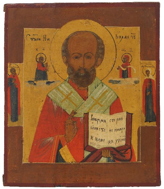 Ikoon | Sint Nicolaas met beschemheiligen, hout, 31,4 x 26,8 cm