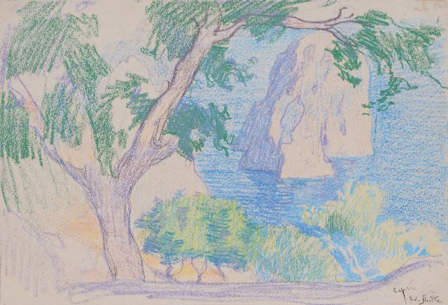 Willy Sluiter | Landschap op Capri, krijt op papier, 22,7 x 33,6 cm, gesigneerd r.o.
