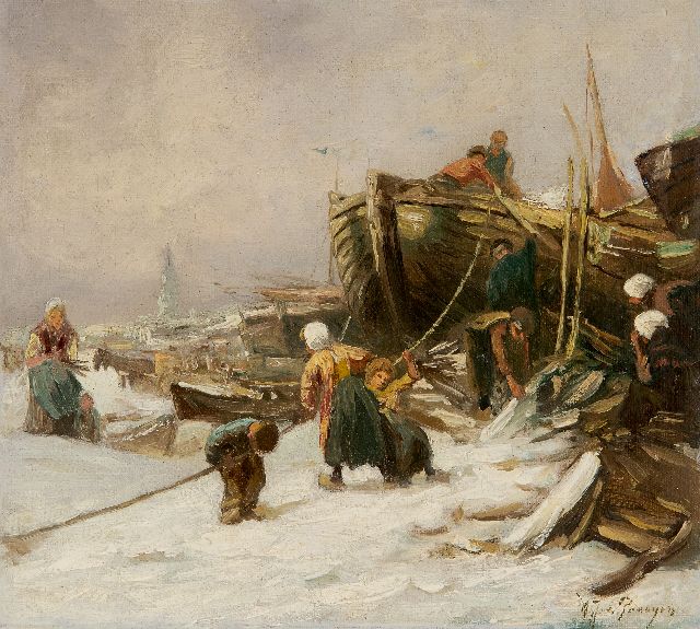 Albert Jurardus van Prooijen | Winter op het strand, olieverf op doek op paneel, 21,1 x 22,8 cm, gesigneerd r.o.