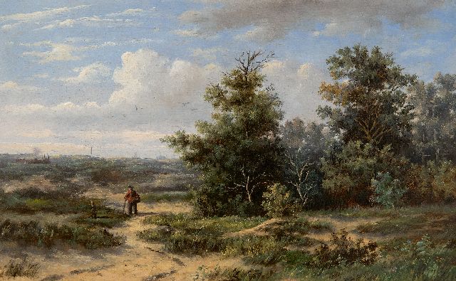 Anthonie Jacobus van Wijngaerdt | Hollands duinlandschap met Haarlem in de verte, olieverf op paneel, 18,9 x 30,4 cm