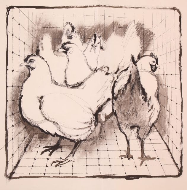 Rien Poortvliet | Kippen in een ren, houtskool en inkt op papier, 49,4 x 64,8 cm