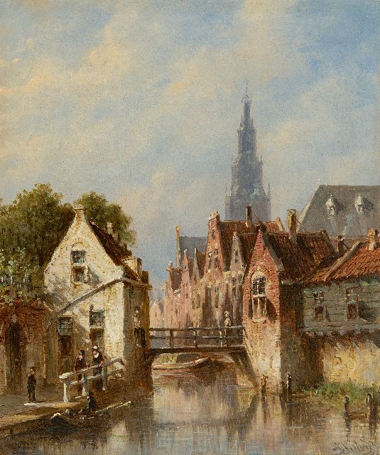 Petrus Gerardus Vertin | Zonnig stadsgrachtje, de Alkmaarse Waagtoren op de achtergrond, olieverf op paneel, 22,7 x 19,4 cm, gesigneerd r.o. en verso gedateerd 1881