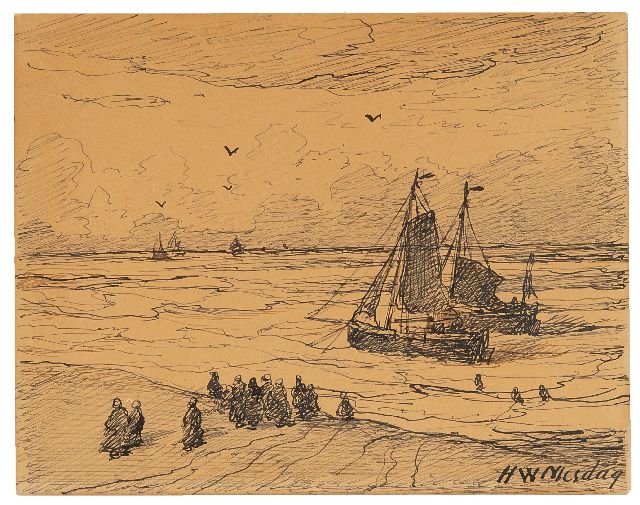 Mesdag H.W.  | Aanmerende bomschuiten, Scheveningen, pen en inkt op papier 11,4 x 14,5 cm, gesigneerd r.o. en verso gedateerd 3 Nov 1894