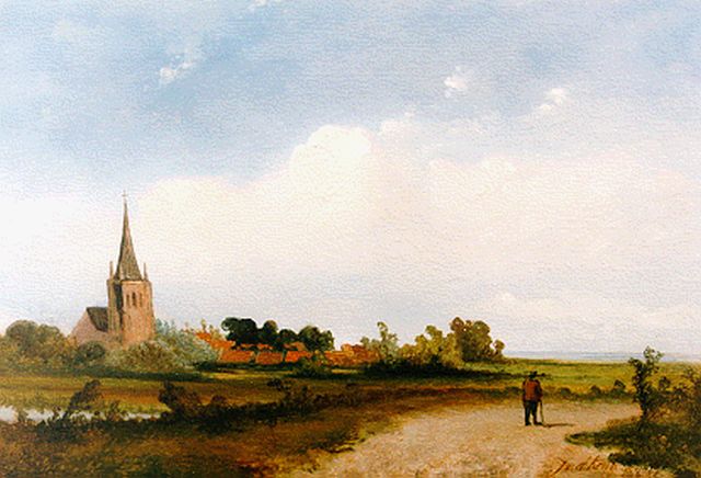 Kruk J.G. van der | Landschap met dorpje, olieverf op paneel 16,7 x 24,8 cm, gesigneerd r.o. en gedateerd '50
