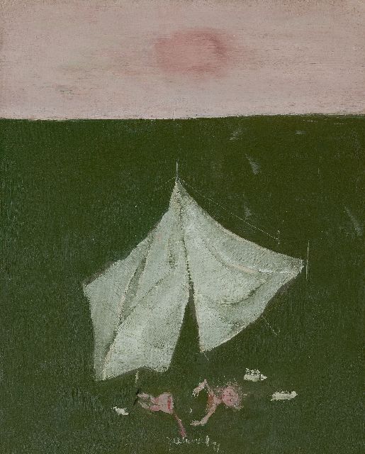 Jan van Heel | Tentje in landschap met gebroken pop, olieverf op doek, 60,1 x 50,3 cm, gesigneerd m.o. en gedateerd '77