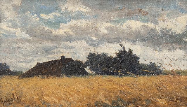 Constan Gabriel | Boerderij verscholen achter een korenveld, olieverf op doek op paneel, 19,8 x 33,6 cm, gesigneerd l.o.