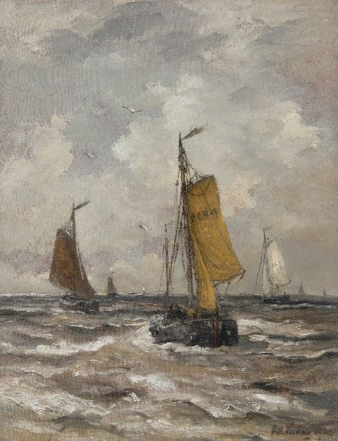 Hendrik Willem Mesdag | Terugkerende bomschuiten, olieverf op doek, 50,7 x 40,0 cm, gesigneerd r.o. en gedateerd 190(..)