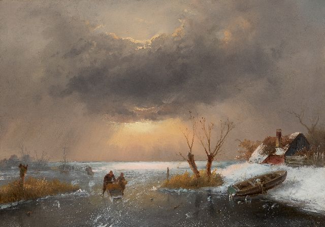 Charles Leickert | Hollandse winter met schaatsers bij zonsondergang, olieverf op paneel, 33,8 x 48,2 cm, gesigneerd r.o.