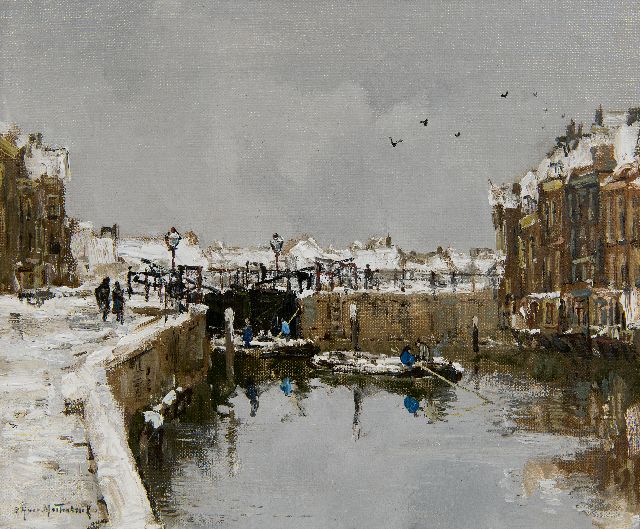 Johan Hendrik van Mastenbroek | Sluisje bij winter, olieverf op doek op paneel, 24,3 x 27,4 cm, gesigneerd l.o.