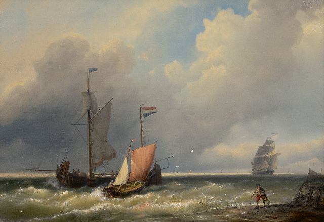Jan H.B. Koekkoek | Schepen voor de kust in een stevige bries, olieverf op doek, 41,5 x 59,2 cm, gesigneerd r.o.