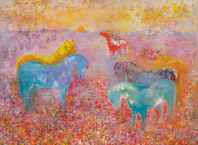 Frits Klein | Vijf paarden in zonnige wei, olieverf op doek, 54,9 x 73,2 cm, gesigneerd r.o.