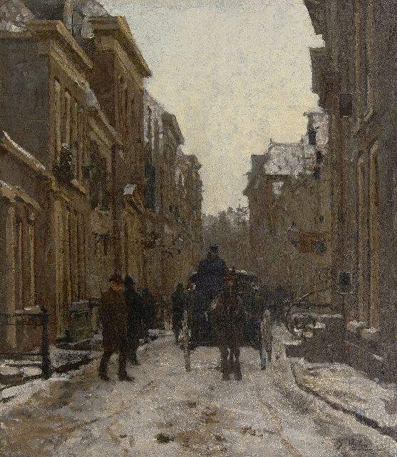 Willem Bastiaan Tholen | Koets in besneeuwde straat in Voorburg, olieverf op doek op paneel, 64,1 x 56,3 cm, gesigneerd r.o. en te dateren ca. 1889