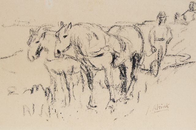Jan Altink | Ploegende boer, krijt op papier, 50,1 x 70,4 cm, gesigneerd r.o.